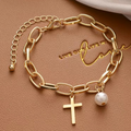 Oval Link Bracelet With Cross Charm with Pearl