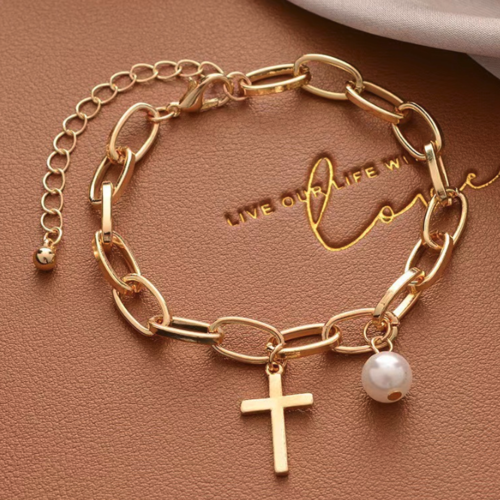 Oval Link Bracelet With Cross Charm with Pearl