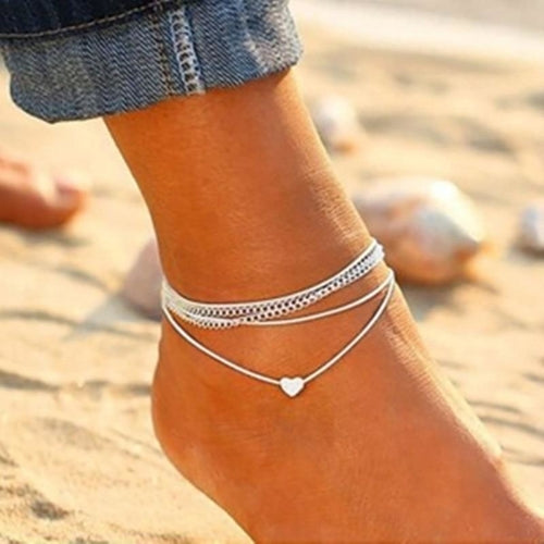 Silver Heart Multi Chain Anklet